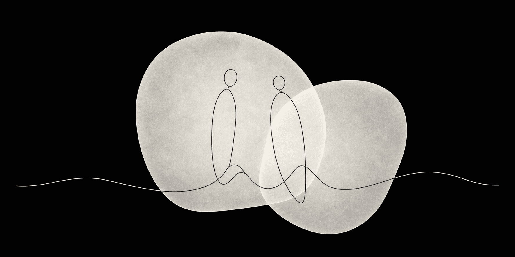 Two people connected by a single unfolding line